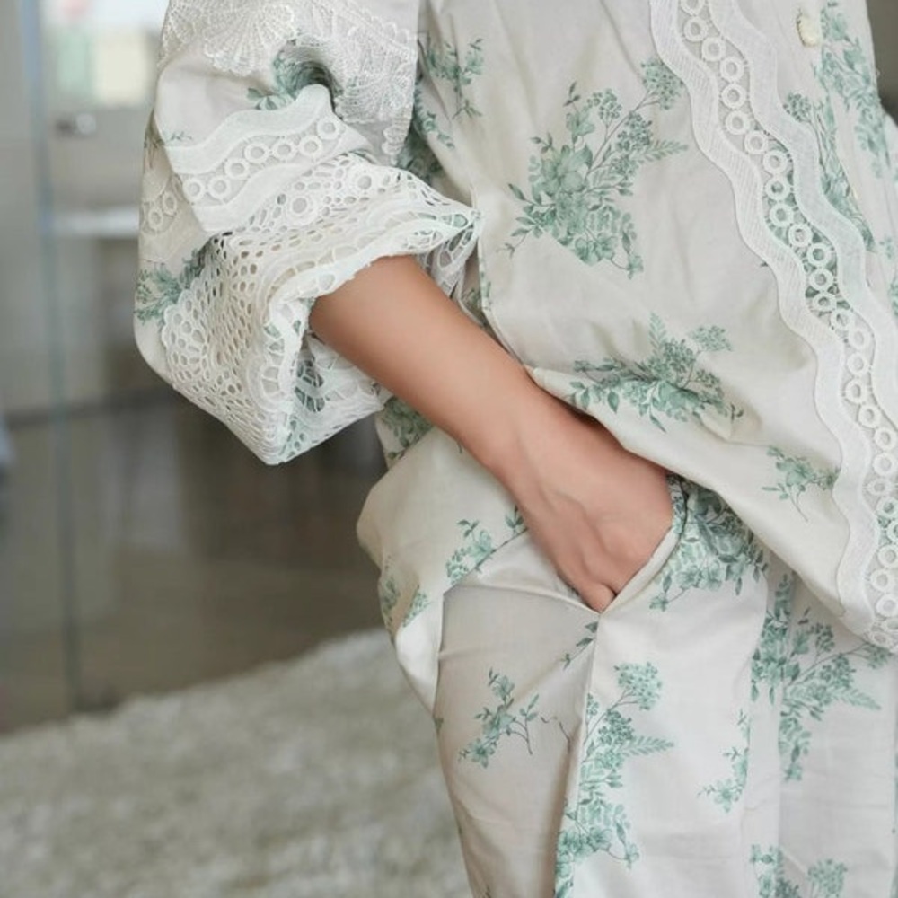 Teal Floral Lace Trim Top and Pants Set coord set of 2 cotton - Picture 4 of 6